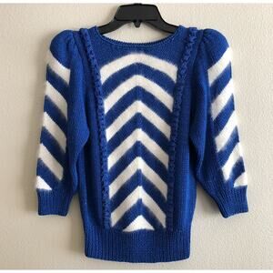 vintage blue and white striped knit milkmaid long sleeve sweater top